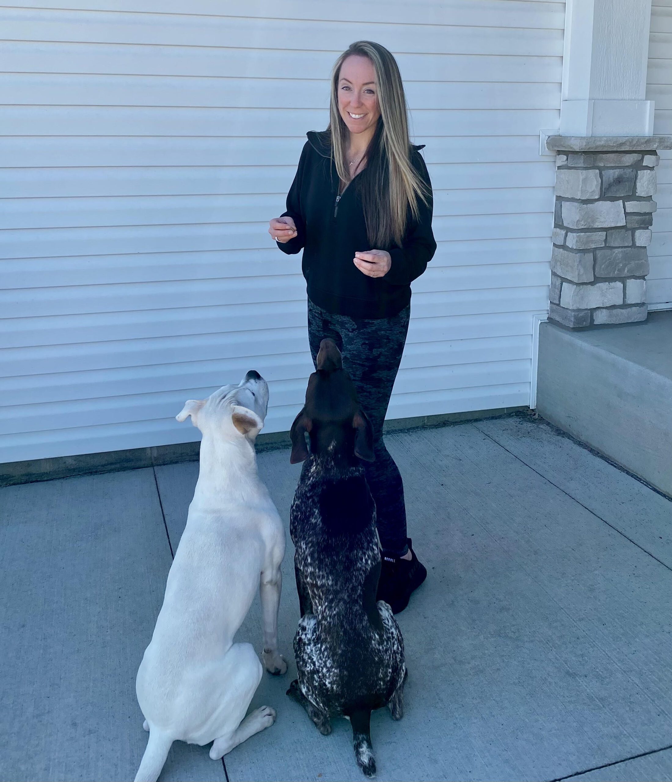 Lindsay of Off Leash K9 Training Sarasota FL with two dogs sitting on command